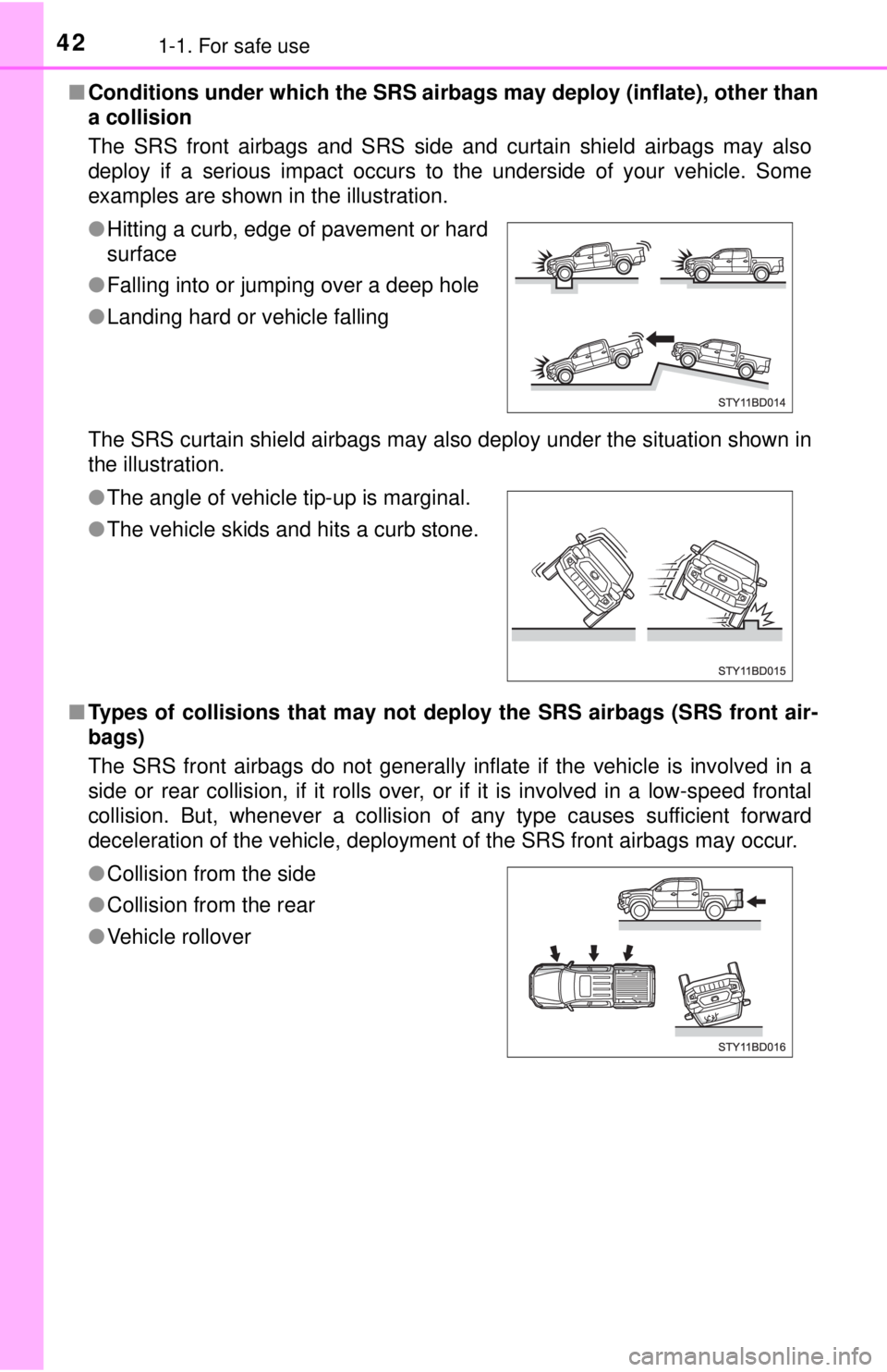 TOYOTA TACOMA 2017 Owners Manual (in English) 421-1. For safe use
■Conditions under which the SRS airbags may deploy (inflate), other than
a collision
The SRS front airbags and SRS side and curtain shield airbags may also
deploy if a serious im TOYOTA TACOMA 2017 Owners Manual (in English) 421-1. For safe use
■Conditions under which the SRS airbags may deploy (inflate), other than
a collision
The SRS front airbags and SRS side and curtain shield airbags may also
deploy if a serious im