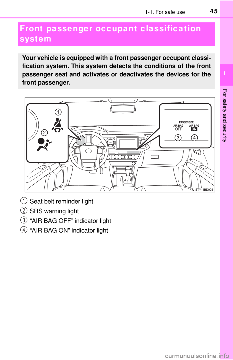 TOYOTA TACOMA 2017  Owners Manual (in English) 451-1. For safe use
1
For safety and security
Front passenger occupant classification 
system
Your vehicle is equipped with a front passenger occupant classi-
fication system. This system detects the 