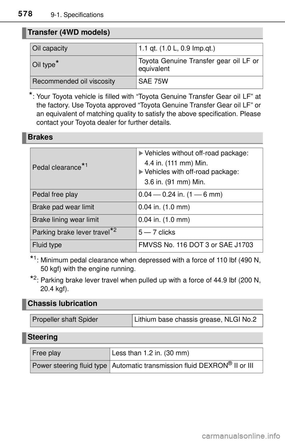 TOYOTA TACOMA 2017  Owners Manual (in English) 5789-1. Specifications
*: Your Toyota vehicle is filled with “Toyota Genuine Transfer Gear oil LF” atthe factory. Use Toyota approved “Toyota Genuine Transfer Gear oil LF” or
an equivalent of 
