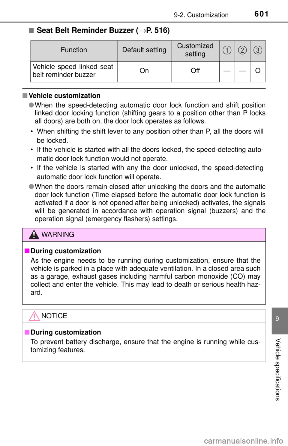 TOYOTA TACOMA 2017  Owners Manual (in English) 6019-2. Customization
9
Vehicle specifications
■Seat Belt Reminder Buzzer (→P. 516)
■Vehicle customization
●When the speed-detecting automatic door lock function and shift position
linked door