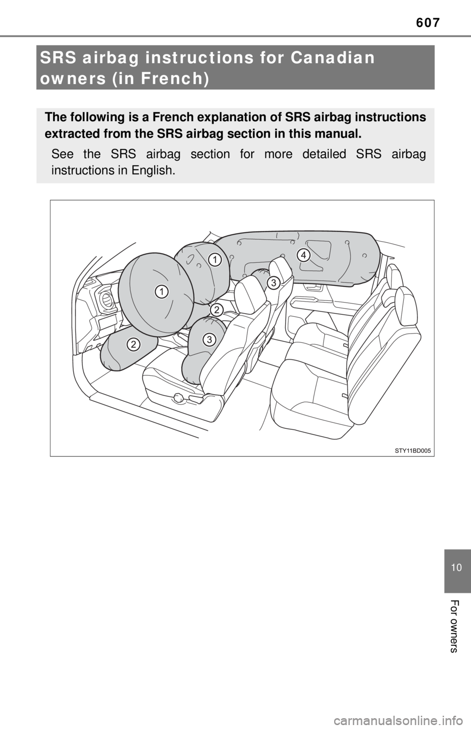 TOYOTA TACOMA 2017  Owners Manual (in English) 607
10
For owners
SRS airbag instructions for Canadian 
owners (in French)
The following is a French explanation of SRS airbag instructions
extracted from the SRS airbag section in this manual.
See th