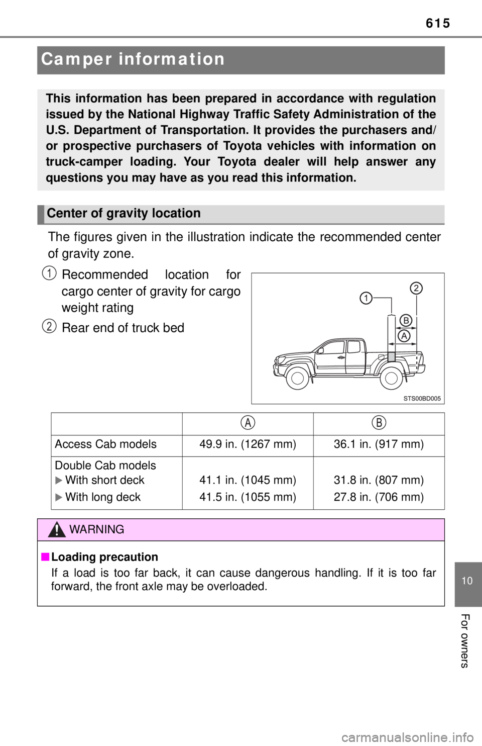 TOYOTA TACOMA 2017  Owners Manual (in English) 615
10
For owners
Camper information
The figures given in the illustration indicate the recommended center
of gravity zone.
Recommended location for
cargo center of gravity for cargo
weight rating
Rea