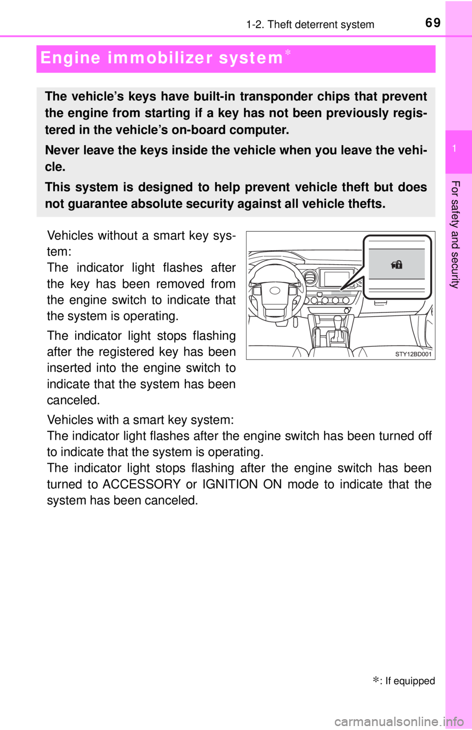 TOYOTA TACOMA 2017  Owners Manual (in English) 691-2. Theft deterrent system
1
For safety and security
Engine immobilizer system∗
Vehicles without a smart key sys-
tem: 
The indicator light flashes after
the key has been removed from
the engine 