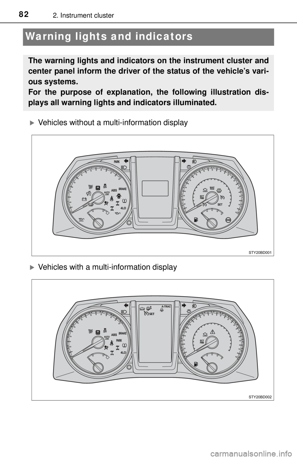 TOYOTA TACOMA 2017  Owners Manual (in English) 822. Instrument cluster
Warning lights and indicators
Vehicles without a multi-information display
Vehicles with a mult i-information display
The warning lights and indicators on the instrument 