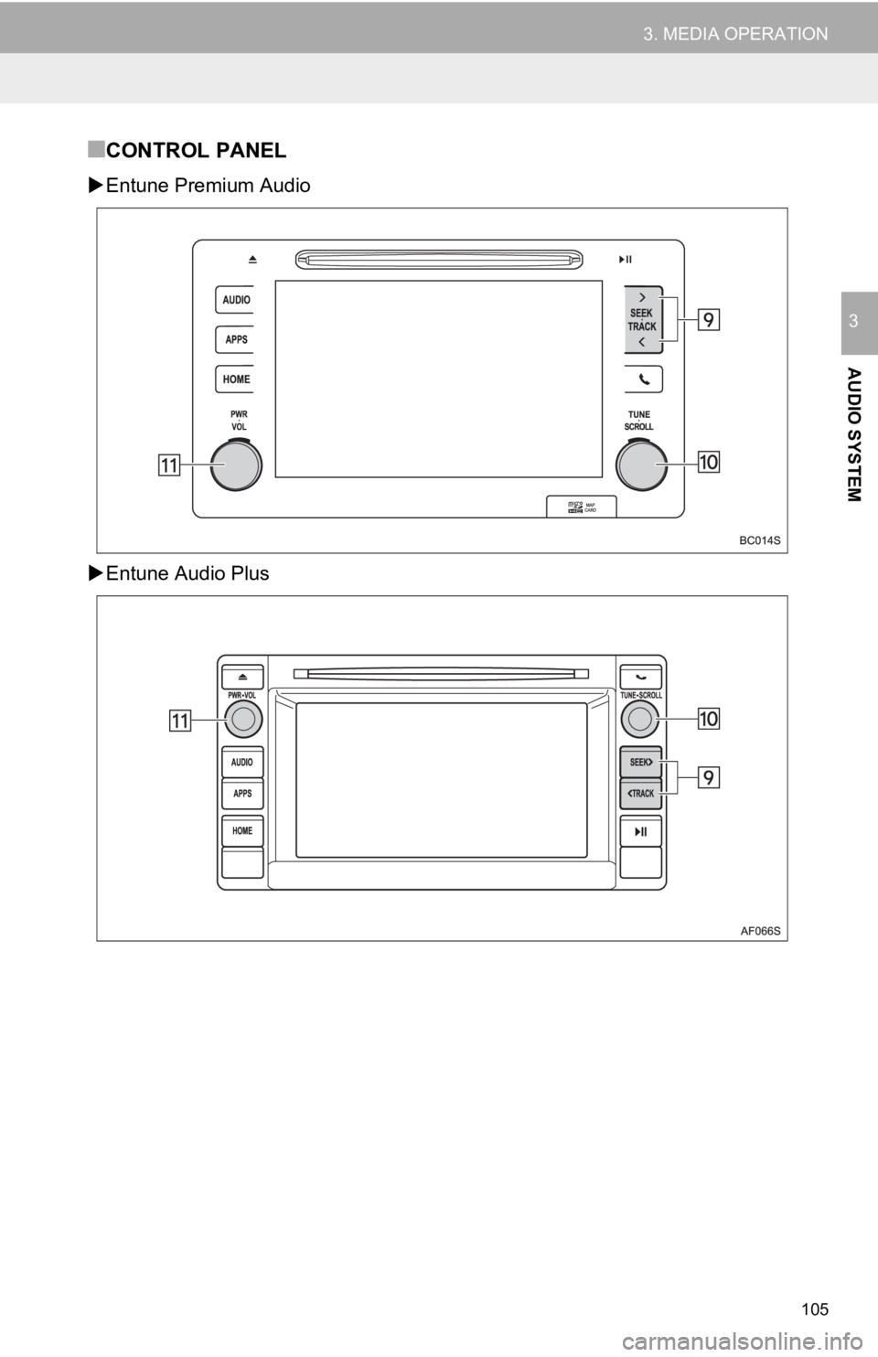 TOYOTA TACOMA 2017  Accessories, Audio & Navigation (in English) 105
3. MEDIA OPERATION
AUDIO SYSTEM
3
■CONTROL PANEL
Entune Premium Audio
 Entune Audio Plus 