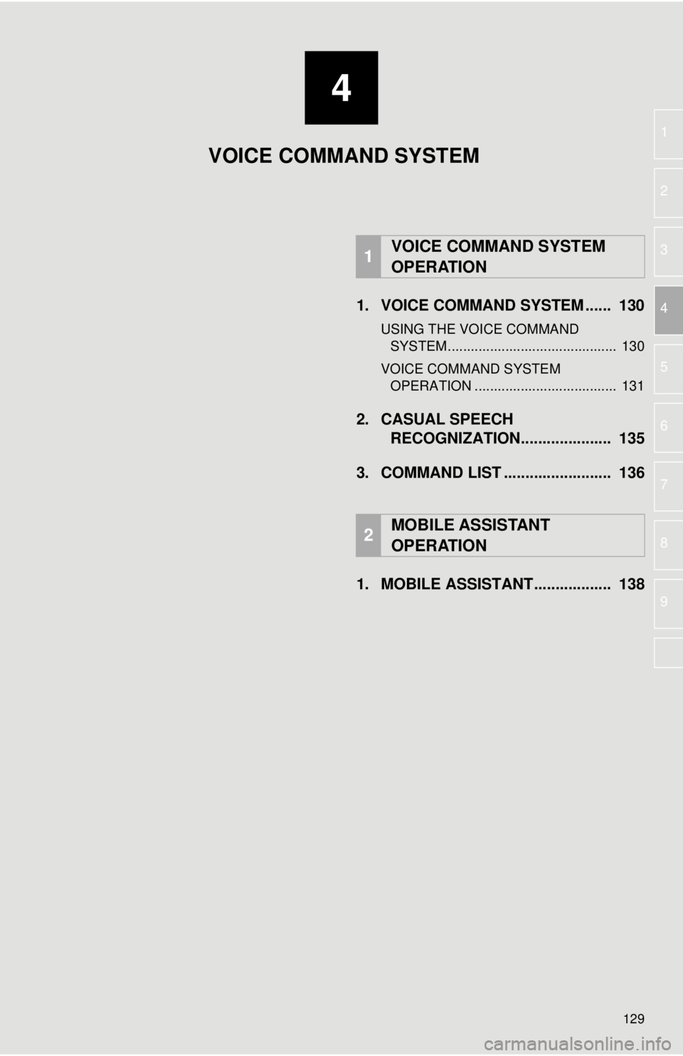 TOYOTA TACOMA 2017  Accessories, Audio & Navigation (in English) 4
129
1
2
3
4
5
6
7
8
9
1. VOICE COMMAND SYSTEM ......  130
USING THE VOICE COMMAND  SYSTEM ............................................  130
VOICE COMMAND SYSTEM  OPERATION ..........................