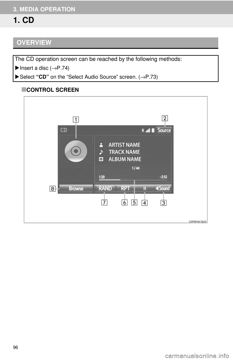 TOYOTA TACOMA 2017  Accessories, Audio & Navigation (in English) 96
3. MEDIA OPERATION
1. CD
■CONTROL SCREEN
OVERVIEW
The CD operation screen can be reached by the following methods: 
Insert a disc ( →P.74)
 Select  “CD” on the “Select Audio Source