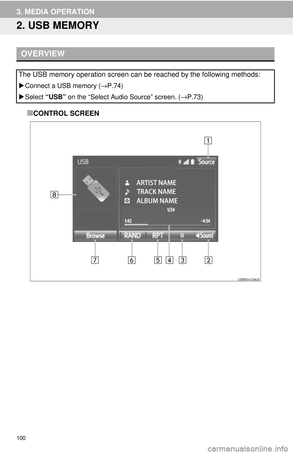 TOYOTA TACOMA 2017  Accessories, Audio & Navigation (in English) 100
3. MEDIA OPERATION
2. USB MEMORY
■CONTROL SCREEN
OVERVIEW
The USB memory operation screen can be reached by the following methods: 
Connect a USB memory ( →P.74)
 Select  “USB”  on t