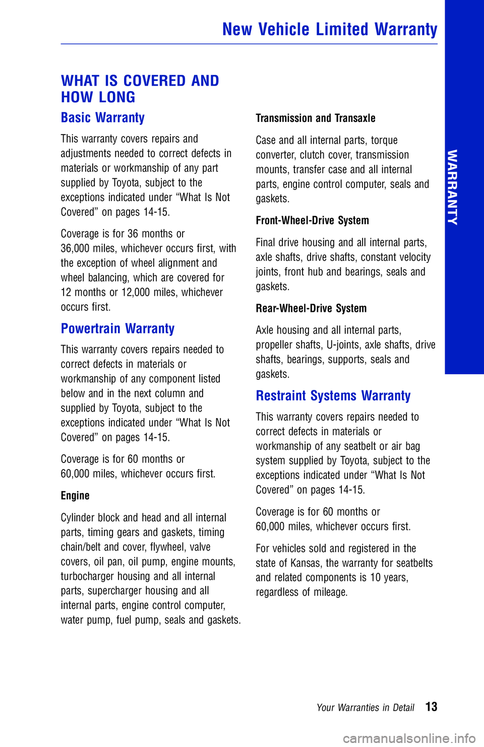 TOYOTA TACOMA 2018  Warranties & Maintenance Guides (in English) JOBNAME: 2878019-en-2018_Taco PAGE: 13 SESS: 4 OUTPUT: Mon Sep 25 11:49:43 2017
/InfoShareAuthorCODA/InfoShareAuthorCODA/TS_Warr_Maint/2878019-en-2018_T\
acoma.00505-18WMG-TAC_vX/TS_Warr_Maint_v1
WHAT