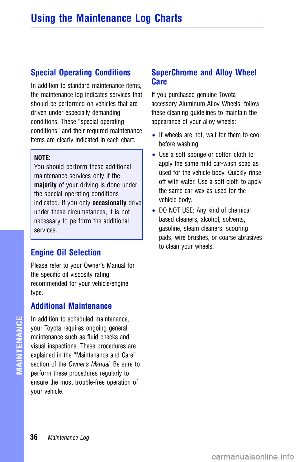 TOYOTA TACOMA 2018  Warranties & Maintenance Guides (in English) JOBNAME: 2878019-en-2018_Taco PAGE: 36 SESS: 4 OUTPUT: Mon Sep 25 11:49:43 2017
/InfoShareAuthorCODA/InfoShareAuthorCODA/TS_Warr_Maint/2878019-en-2018_T\
acoma.00505-18WMG-TAC_vX/TS_Warr_Maint_v1
Spec