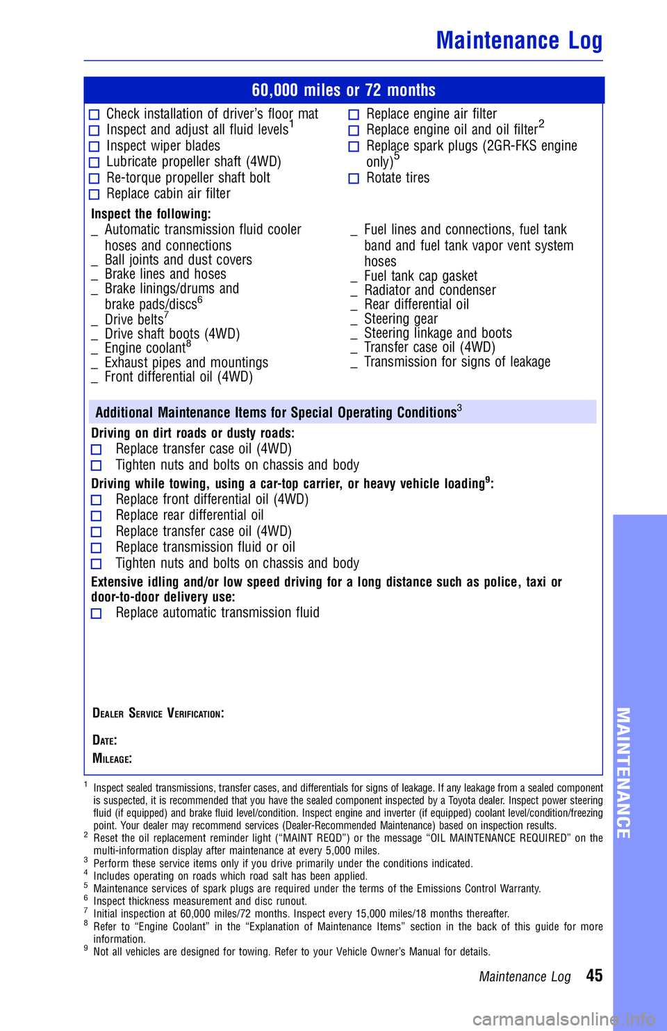 TOYOTA TACOMA 2018  Warranties & Maintenance Guides (in English) JOBNAME: 2878019-en-2018_Taco PAGE: 45 SESS: 4 OUTPUT: Mon Sep 25 11:49:43 2017
/InfoShareAuthorCODA/InfoShareAuthorCODA/TS_Warr_Maint/2878019-en-2018_T\
acoma.00505-18WMG-TAC_vX/TS_Warr_Maint_v1
60,0