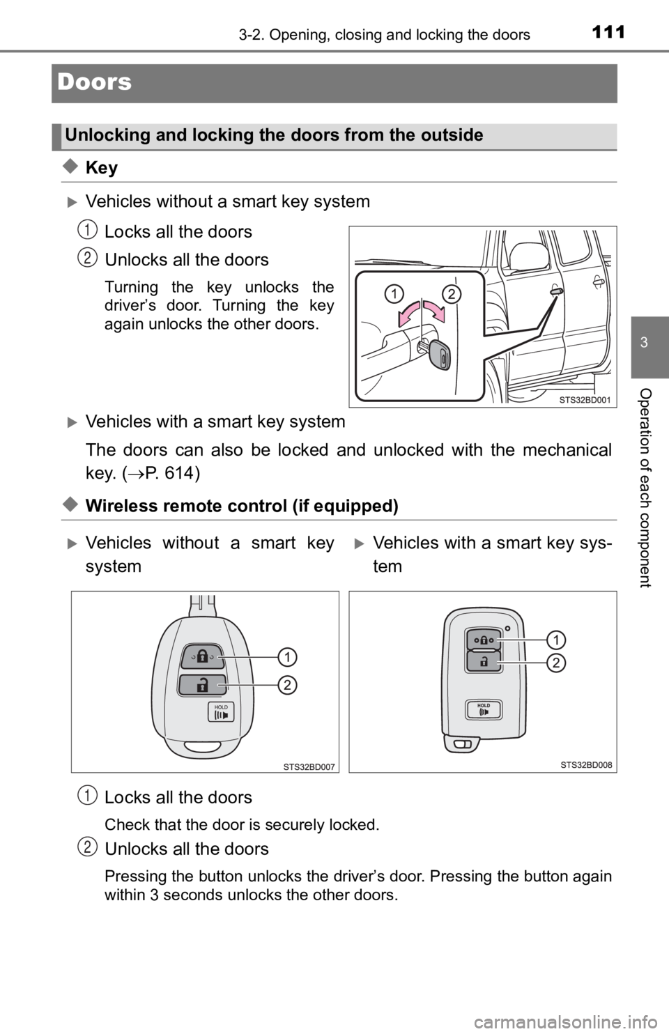 TOYOTA TACOMA 2019  Owners Manual (in English) 1113-2. Opening, closing and locking the doors
3
Operation of each component
Doors
◆Key
Vehicles without a smart key system
Locks all the doors
Unlocks all the doors
Turning  the  key  unlocks  t