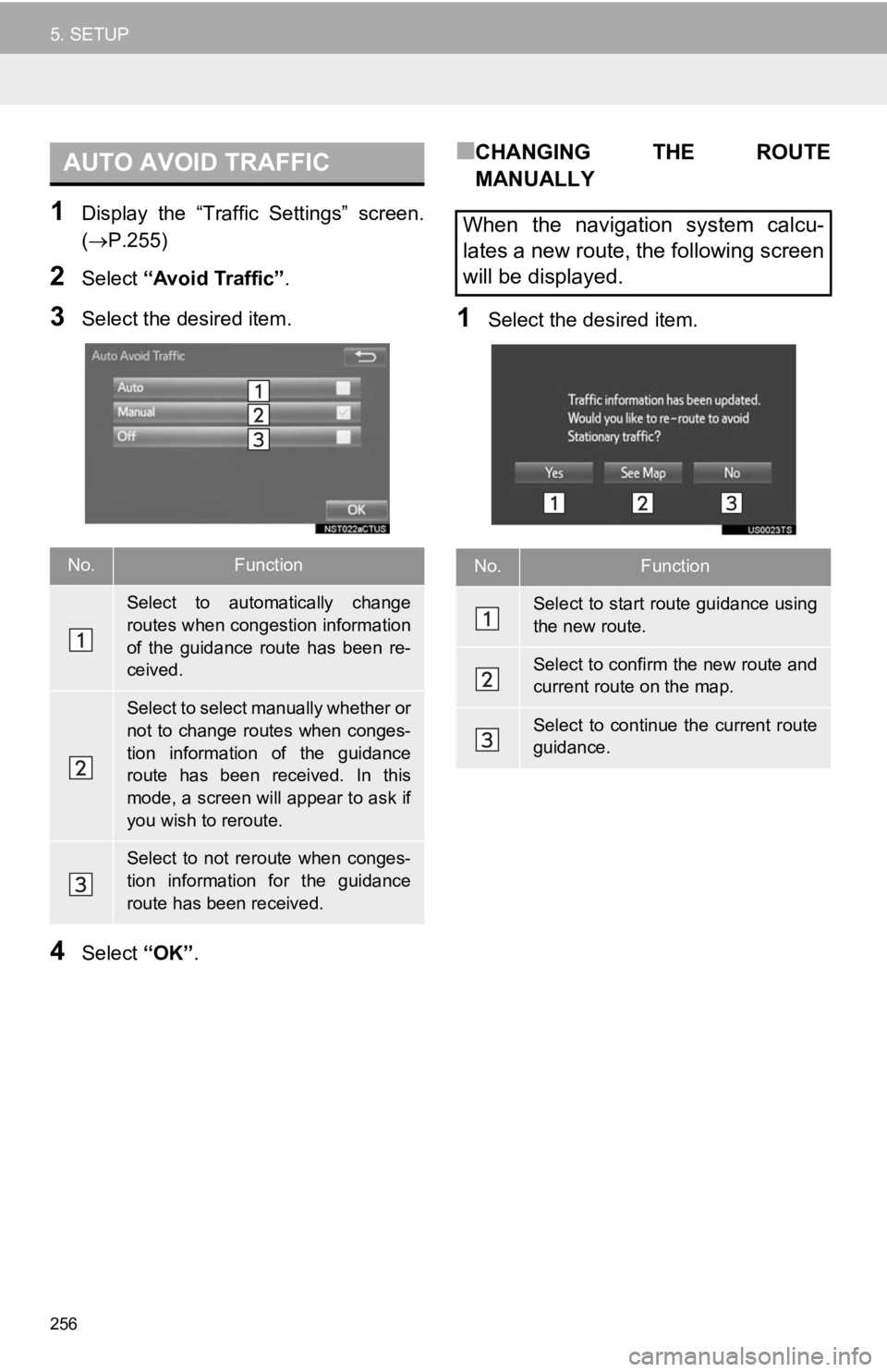 TOYOTA TACOMA 2019  Accessories, Audio & Navigation (in English) 256
5. SETUP
1Display  the  “Traffic  Settings”  screen.
(P.255)
2Select “Avoid Traffic” .
3Select the desired item.
4Select “OK”.
■CHANGING  THE  ROUTE
MANUALLY
1Select the desired i