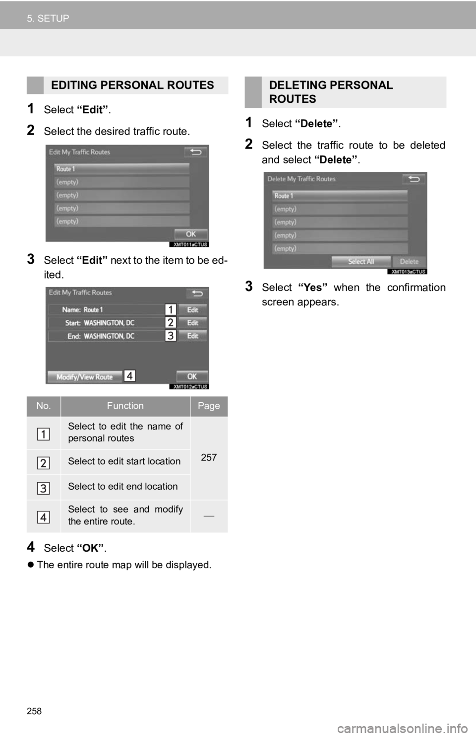 TOYOTA TACOMA 2019  Accessories, Audio & Navigation (in English) 258
5. SETUP
1Select “Edit”.
2Select the desired traffic route.
3Select “Edit” next to the item to be ed-
ited.
4Select  “OK”.
The entire route map will be displayed.
1Select  “Delete