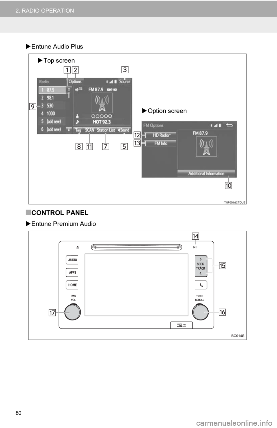 TOYOTA TACOMA 2019  Accessories, Audio & Navigation (in English) 80
2. RADIO OPERATION
Entune Audio Plus
■CONTROL PANEL
Entune Premium Audio
Top screen
Option screen 