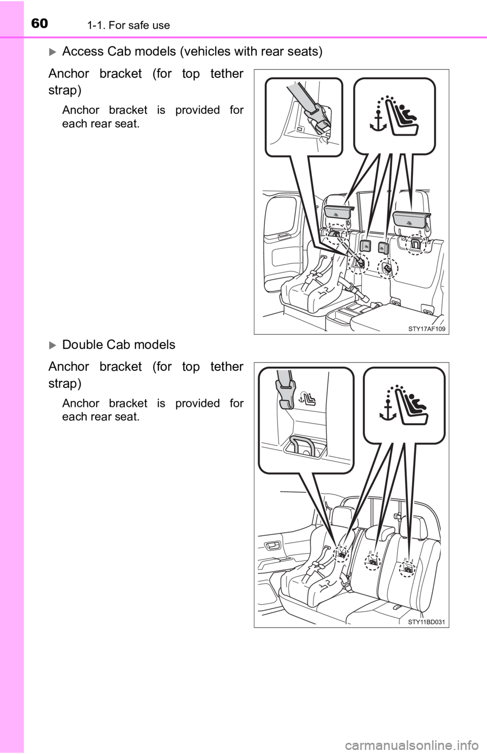 TOYOTA TACOMA 2020  Owners Manual (in English) 601-1. For safe use
Access Cab models (vehicles with rear seats)
Anchor  bracket  (for  top  tether
strap)
Anchor  bracket  is  provided  for
each rear seat.
Double Cab models 
Anchor  bracket  