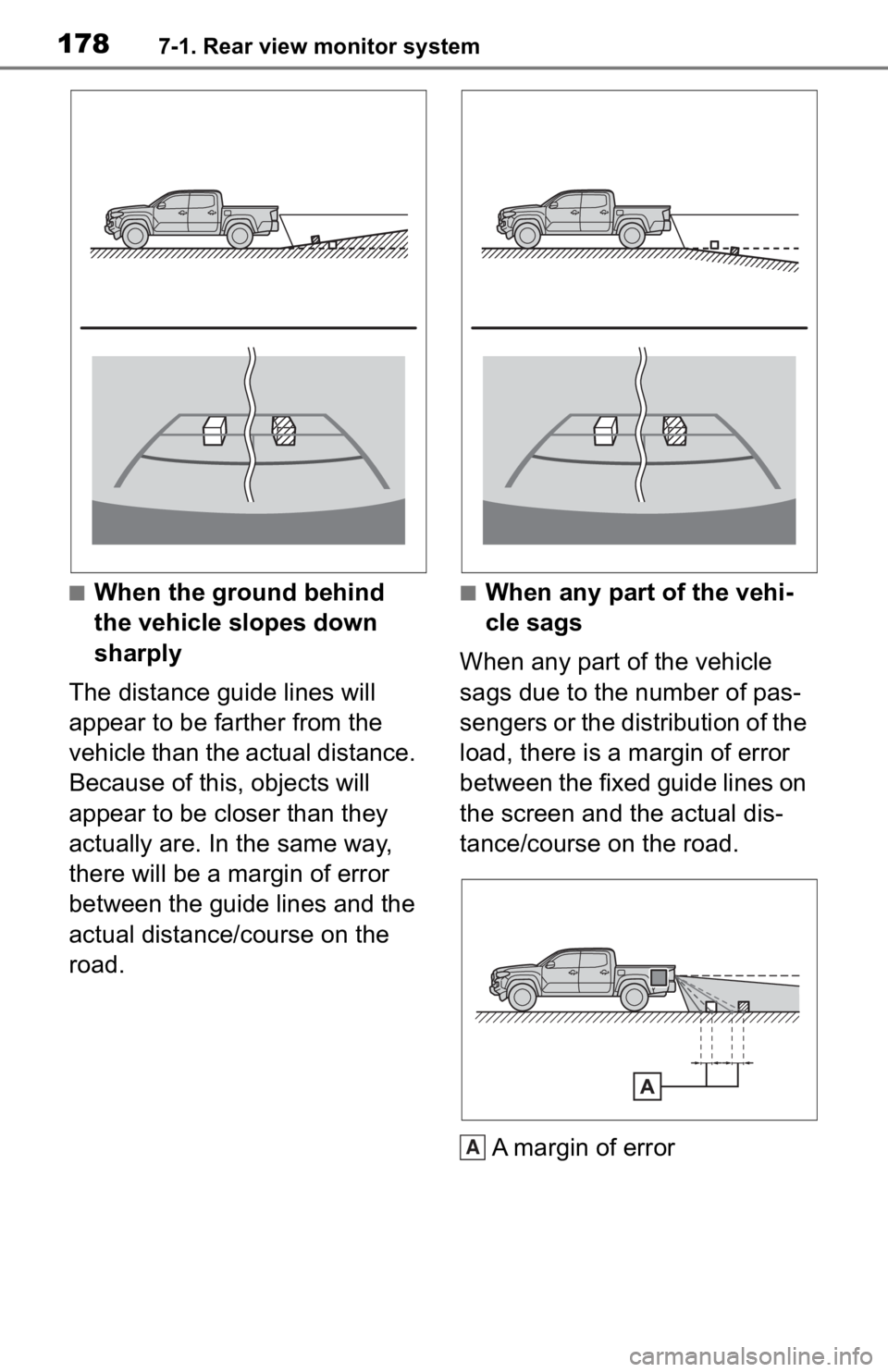 TOYOTA TACOMA 2020  Accessories, Audio & Navigation (in English) 1787-1. Rear view monitor system
■When the ground behind 
the vehicle slopes down 
sharply
The distance guide lines will 
appear to be farther from the 
vehicle than the actual distance. 
Because of