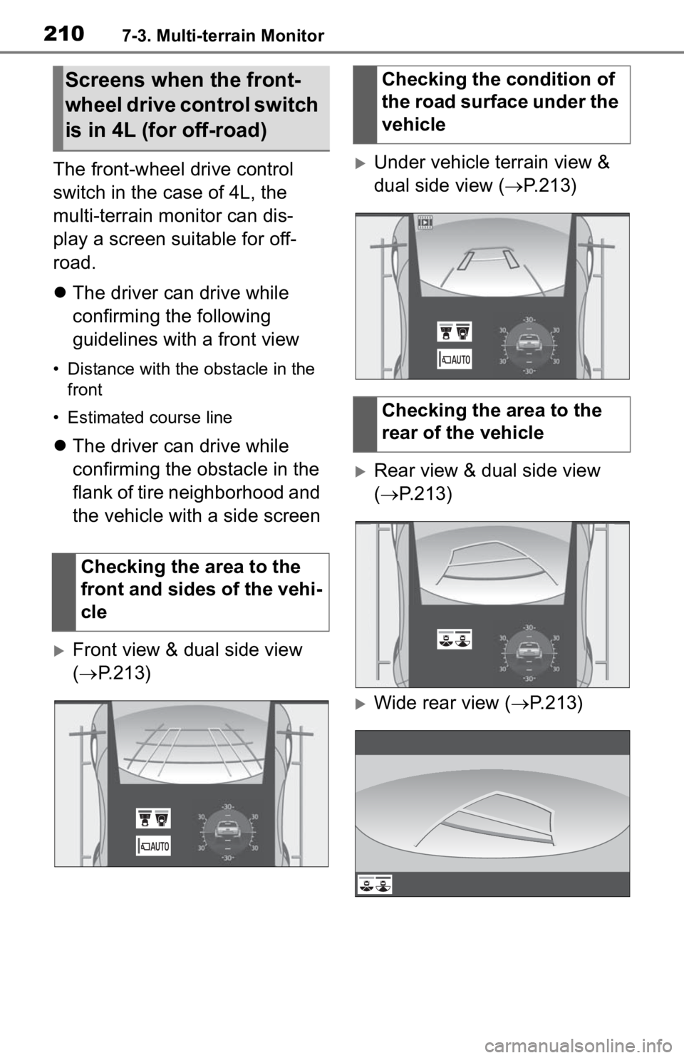 TOYOTA TACOMA 2020  Accessories, Audio & Navigation (in English) 2107-3. Multi-terrain Monitor
The front-wheel drive control 
switch in the case of 4L, the 
multi-terrain monitor can dis-
play a screen suitable for off-
road.
The driver can drive while 
confirmi