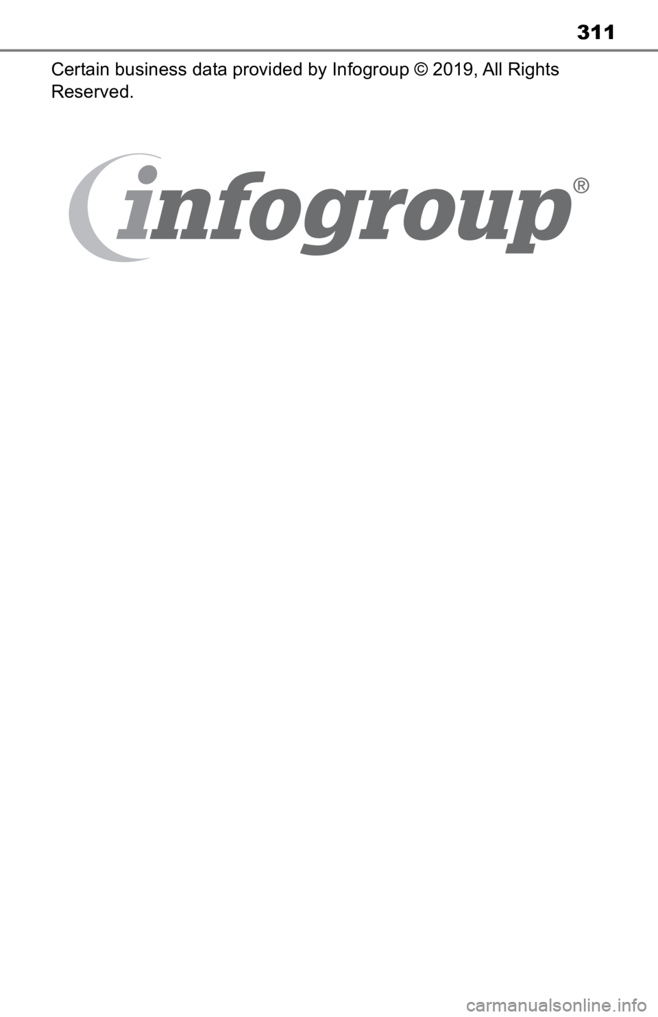 TOYOTA TACOMA 2020  Accessories, Audio & Navigation (in English) 311
Certain business data provided by Infogroup © 2019, All Rights 
Reserved. 
