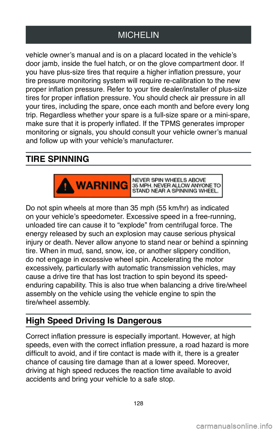 TOYOTA TACOMA 2020  Warranties & Maintenance Guides (in English) MICHELIN
128
vehicle owner’s manual and is on a placard located in the vehicle’s 
door jamb, inside the fuel hatch, or on the glove compartment door. If 
you have plus-size tires that require a hi