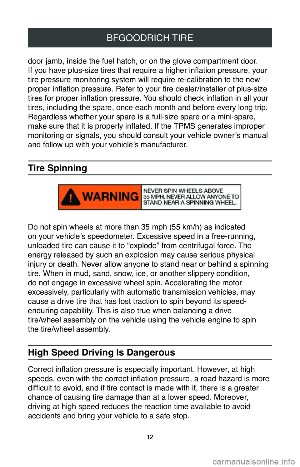 TOYOTA TACOMA 2020  Warranties & Maintenance Guides (in English) 12
BFGOODRICH TIRE
door jamb, inside the fuel hatch, or on the glove compartment door.  
If you have plus-size tires that require a higher inflation pressure, your 
tire pressure monitoring system wil
