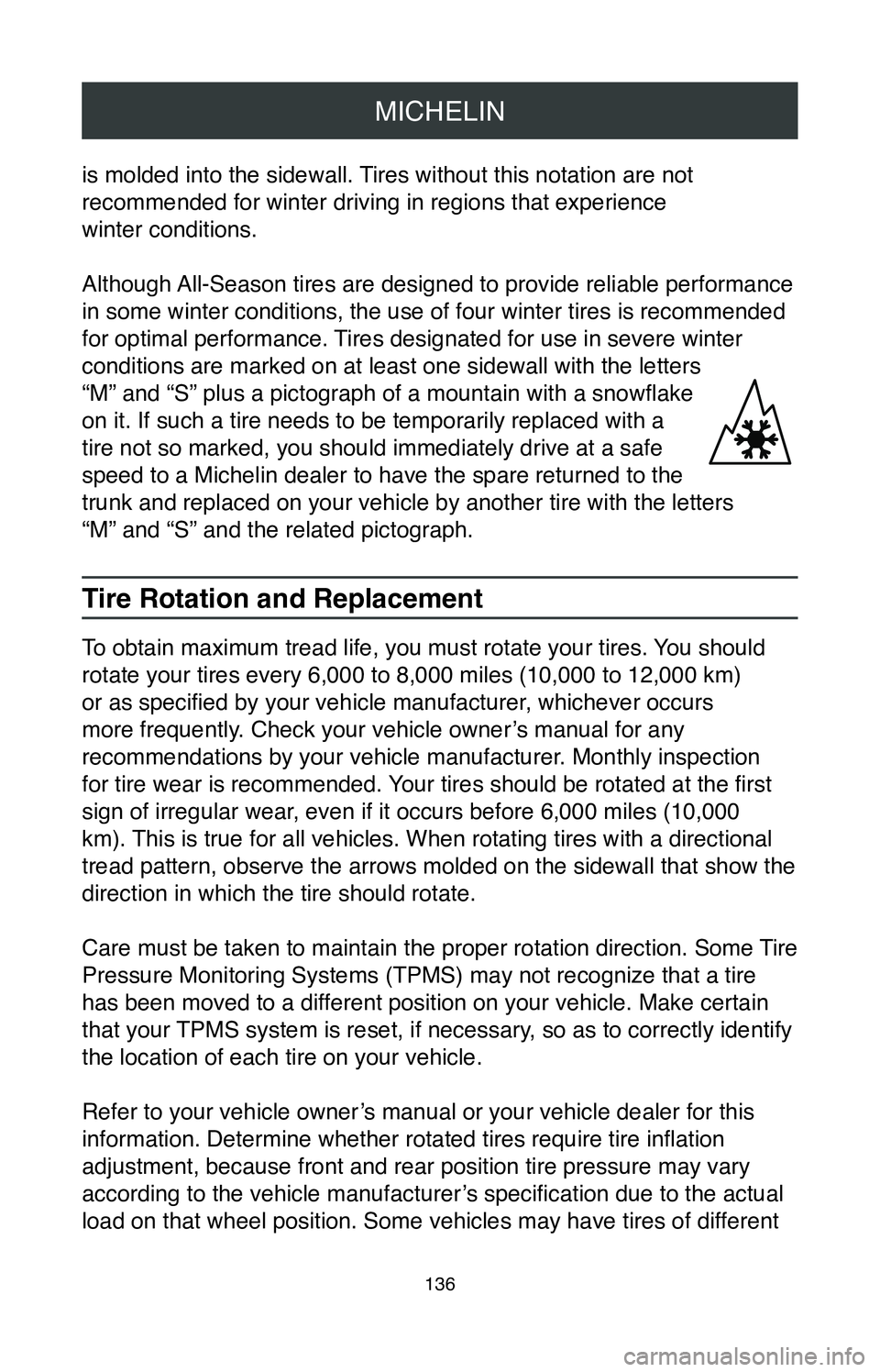 TOYOTA TACOMA 2020 Warranties & Maintenance Guides (in English) MICHELIN
136
is molded into the sidewall. Tires without this notation are not
recommended for winter driving in regions that experience
winter conditions.
Although All-Season tires are designed to TOYOTA TACOMA 2020 Warranties & Maintenance Guides (in English) MICHELIN
136
is molded into the sidewall. Tires without this notation are not
recommended for winter driving in regions that experience
winter conditions.
Although All-Season tires are designed to