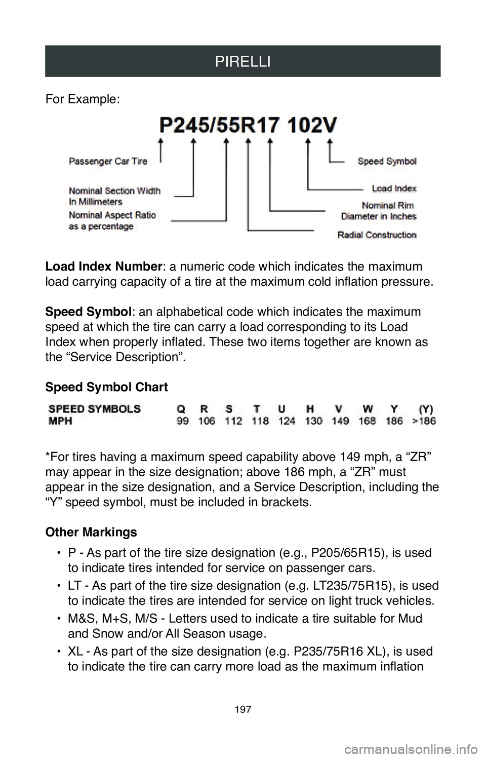 TOYOTA TACOMA 2020  Warranties & Maintenance Guides (in English) PIRELLI
197
For Example:
Load Index Number: a numeric code which indicates the maximum 
load carrying capacity of a tire at the maximum cold inflation pressure.
Speed Symbol: an alphabetical code whic