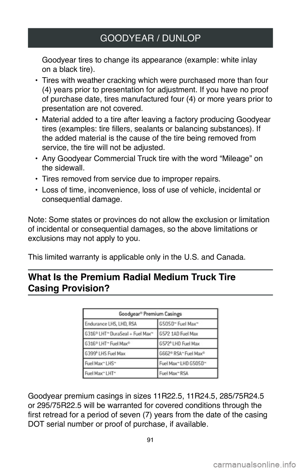 TOYOTA TACOMA 2020  Warranties & Maintenance Guides (in English) GOODYEAR / DUNLOP
91
Goodyear tires to change its appearance (example: white inlay  
on a black tire).
•
 Tires with weather cracking which were purchased more than four 
(4) years prior to presenta