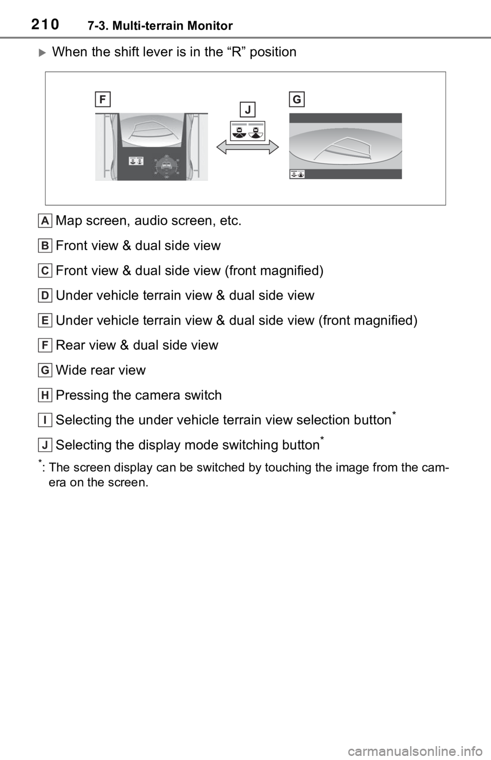 TOYOTA TACOMA 2021  Accessories, Audio & Navigation (in English) 2107-3. Multi-terrain Monitor
When the shift lever is in the “R” position
Map screen, audio screen, etc.
Front view & dual side view
Front view & dual side view (front magnified)
Under vehicle 