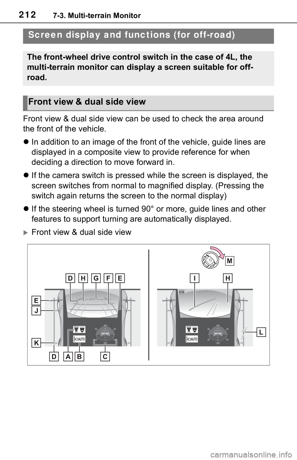 TOYOTA TACOMA 2021  Accessories, Audio & Navigation (in English) 2127-3. Multi-terrain Monitor
Front view & dual side view can be used to check the area around 
the front of the vehicle.
In addition to an image of the front of the vehicle, guide lines are 
displ