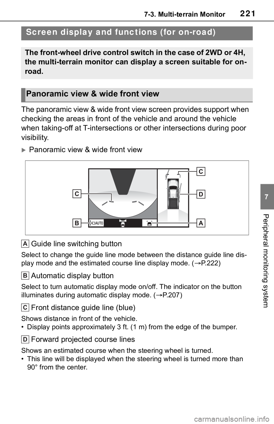 TOYOTA TACOMA 2021 Accessories, Audio & Navigation (in English) 2217-3. Multi-terrain Monitor
7
Peripheral monitoring system
The panoramic view & wide front view screen provides support when
checking the areas in front of the vehicle and around the vehicle
when TOYOTA TACOMA 2021 Accessories, Audio & Navigation (in English) 2217-3. Multi-terrain Monitor
7
Peripheral monitoring system
The panoramic view & wide front view screen provides support when
checking the areas in front of the vehicle and around the vehicle
when