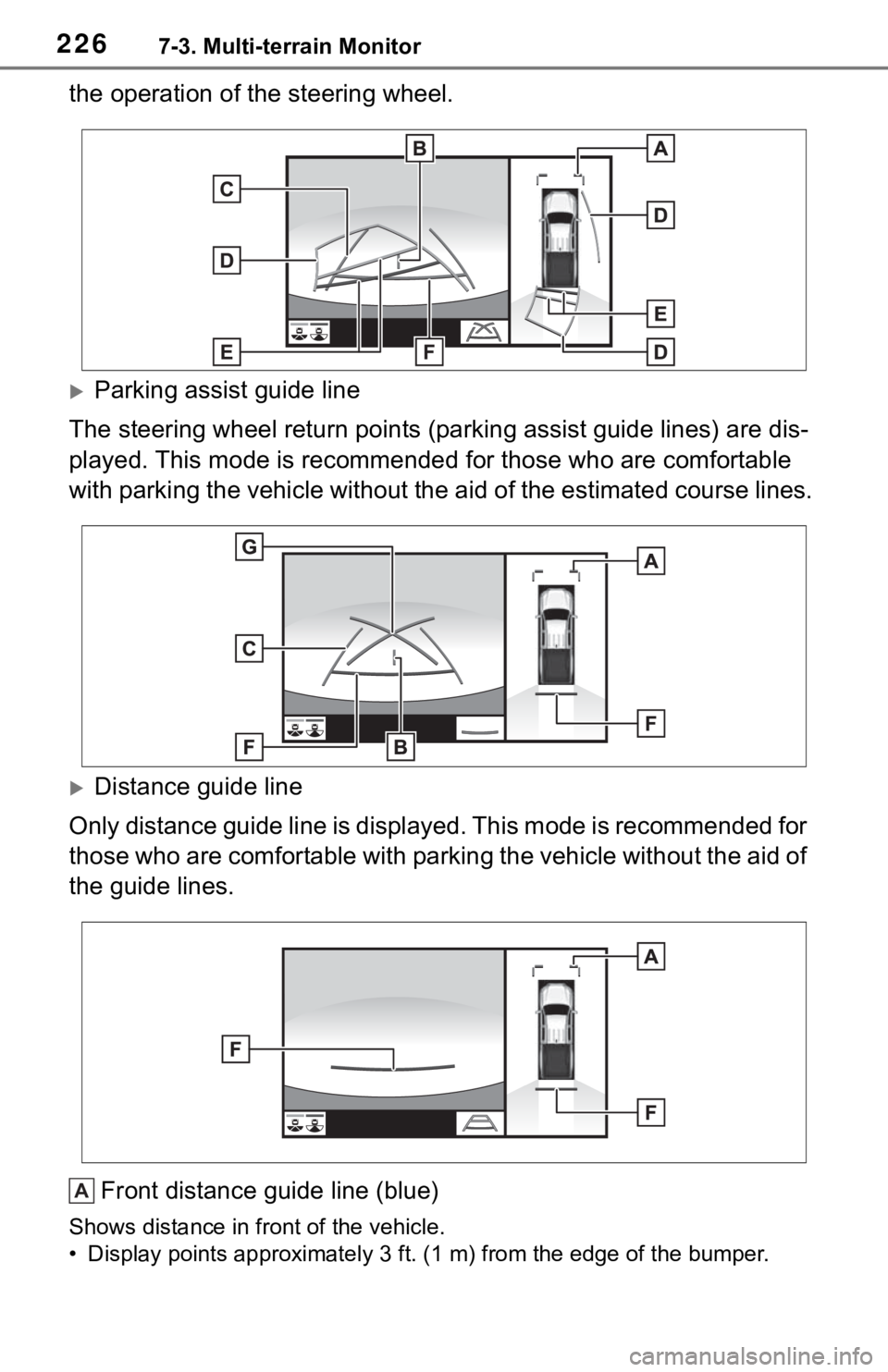 TOYOTA TACOMA 2021  Accessories, Audio & Navigation (in English) 2267-3. Multi-terrain Monitor
the operation of the steering wheel.
Parking assist guide line
The steering wheel return points (parking assist guide lines) are dis-
played. This mode is recommended 