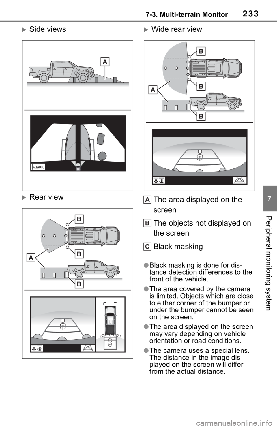 TOYOTA TACOMA 2021  Accessories, Audio & Navigation (in English) 2337-3. Multi-terrain Monitor
7
Peripheral monitoring system
Side views
Rear view
Wide rear view
The area displayed on the 
screen
The objects not displayed on 
the screen
Black masking
●Bl