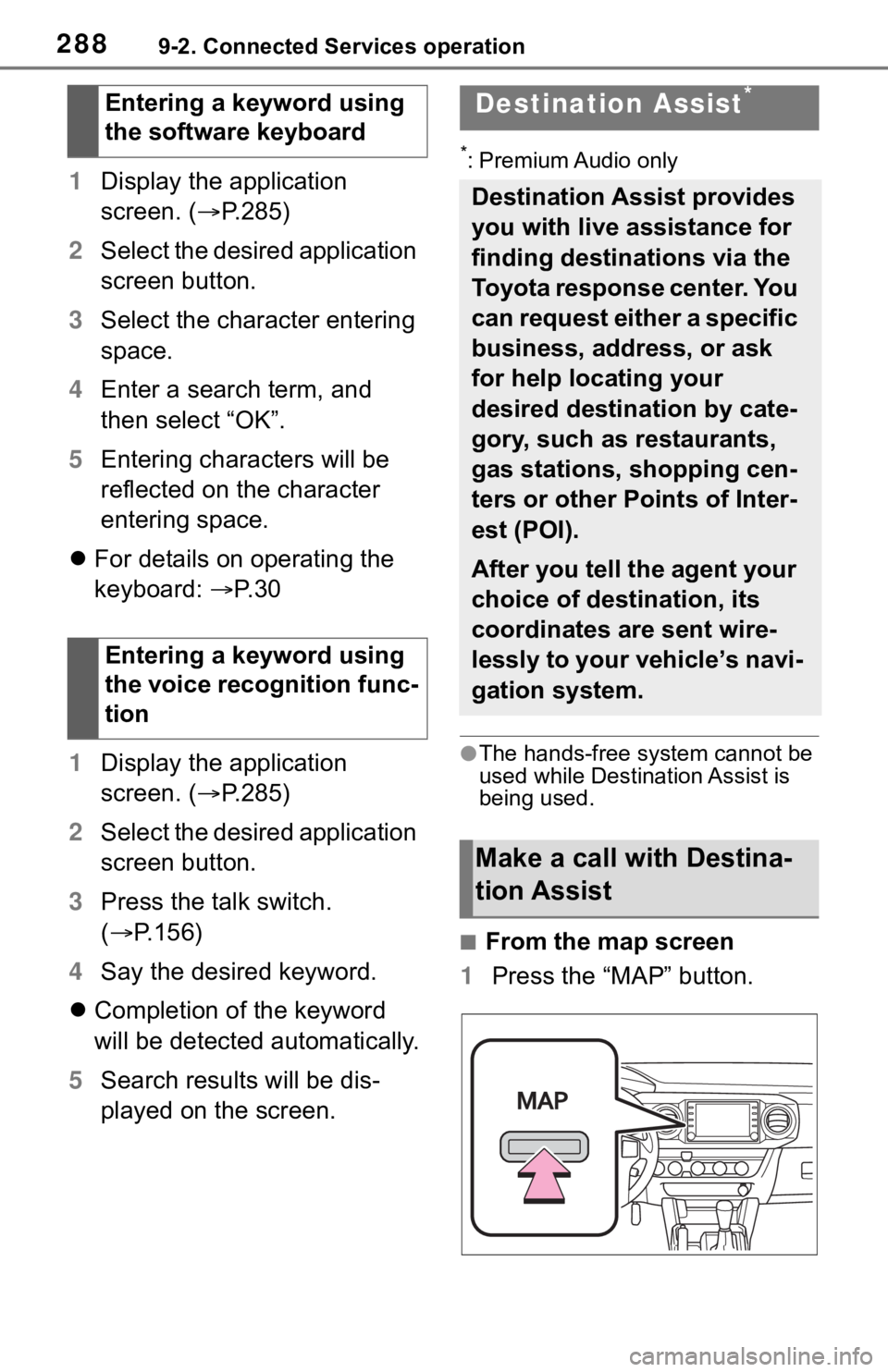 TOYOTA TACOMA 2021 Accessories, Audio & Navigation (in English) 2889-2. Connected Services operation
1Display the application
screen. (P.285)
2Select the desired application
screen button.
3Select the character entering
space.
4Enter a search term, and
then TOYOTA TACOMA 2021 Accessories, Audio & Navigation (in English) 2889-2. Connected Services operation
1Display the application
screen. (P.285)
2Select the desired application
screen button.
3Select the character entering
space.
4Enter a search term, and
then