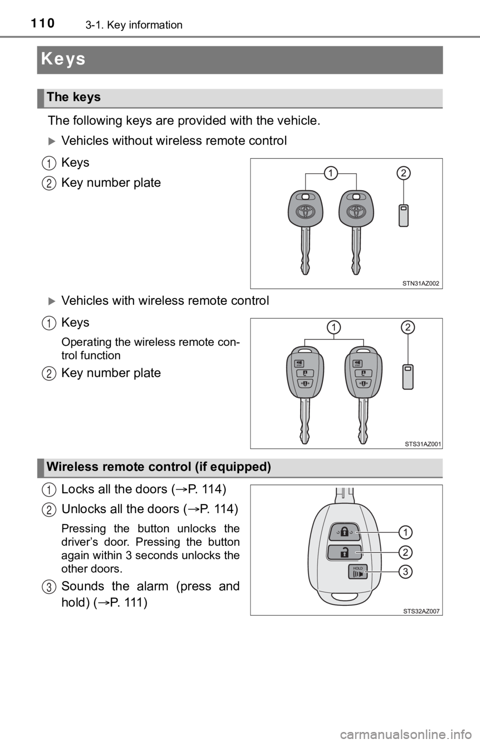 TOYOTA TUNDRA 2018  Owners Manual (in English) 1103-1. Key information
Keys
The following keys are provided with the vehicle.
Vehicles without wireless remote control
Keys
Key number plate
Vehicles with wireless remote control
Keys
Operating
