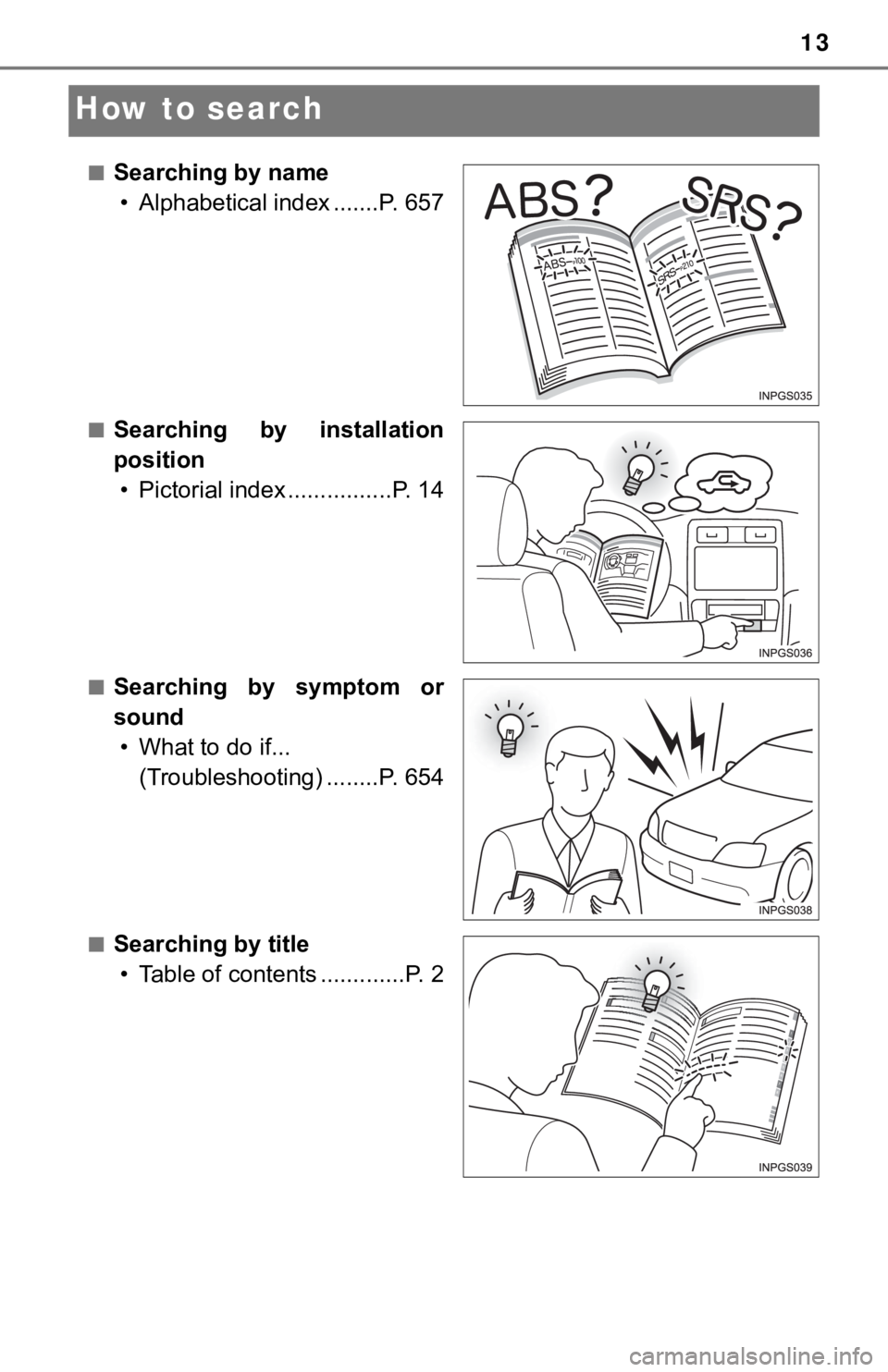 TOYOTA TUNDRA 2018  Owners Manual (in English) 13
How to search
■Searching by name• Alphabetical index .......P. 657
■Searching  by  installation
position• Pictorial index ................P. 14
■Searching  by  symptom  or
sound• What t