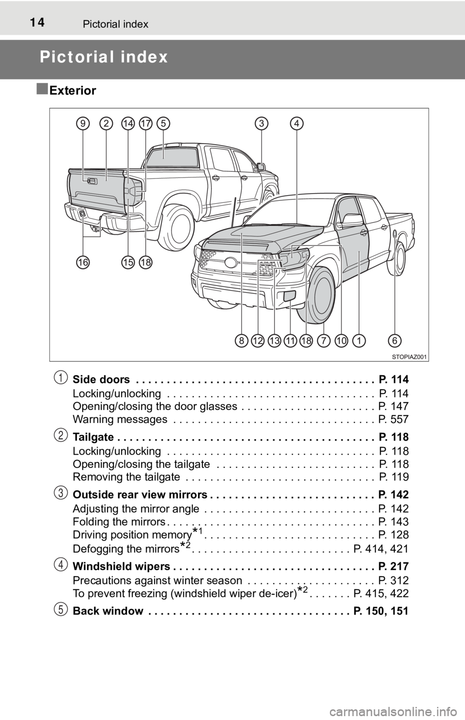 TOYOTA TUNDRA 2018 Owners Manual (in English) 14Pictorial index
Pictorial index
■
Exterior
Side doors . . . . . . . . . . . . . . . . . . . . . . . . . . . . . . . . . . . . . . . P. 114
Locking/unlocking . . . . . . . . . . . . . . . . . . TOYOTA TUNDRA 2018 Owners Manual (in English) 14Pictorial index
Pictorial index
■
Exterior
Side doors . . . . . . . . . . . . . . . . . . . . . . . . . . . . . . . . . . . . . . . P. 114
Locking/unlocking . . . . . . . . . . . . . . . . . .