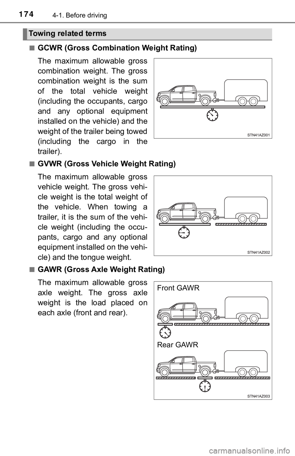 TOYOTA TUNDRA 2018  Owners Manual (in English) 1744-1. Before driving
■GCWR (Gross Combination Weight Rating)
The  maximum  allowable  gross
combination  weight.  The  gross
combination  weight  is  the  sum
of  the  total  vehicle  weight
(incl