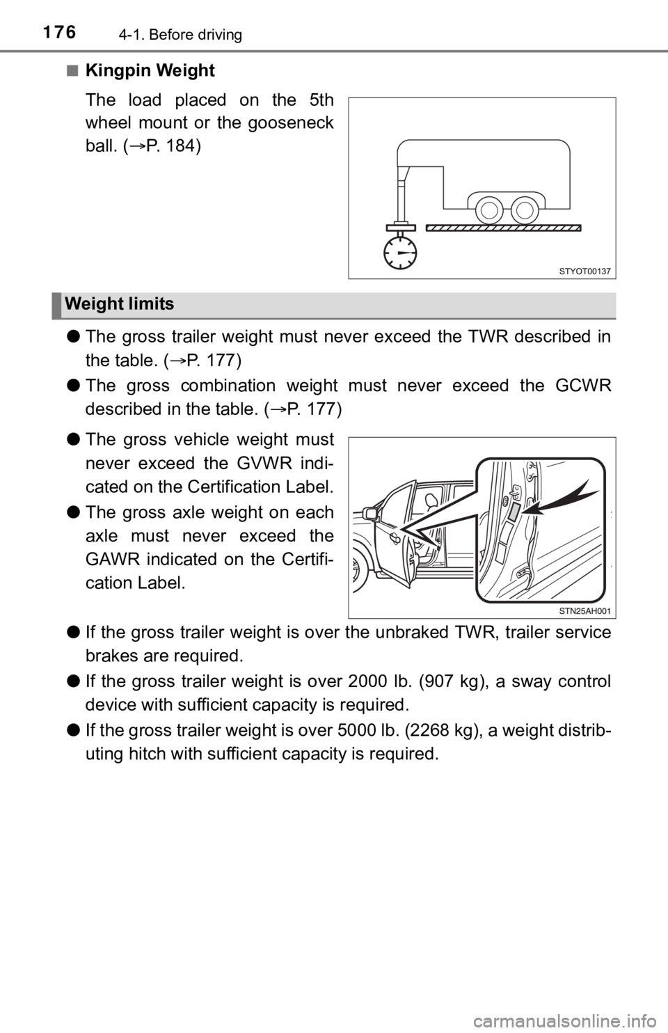 TOYOTA TUNDRA 2018  Owners Manual (in English) 1764-1. Before driving
■Kingpin Weight
The  load  placed  on  the  5th
wheel  mount  or  the  gooseneck
ball. (P.   1 8 4 )
● The  gross  trailer  weight  must  never  exceed  the TWR  describe