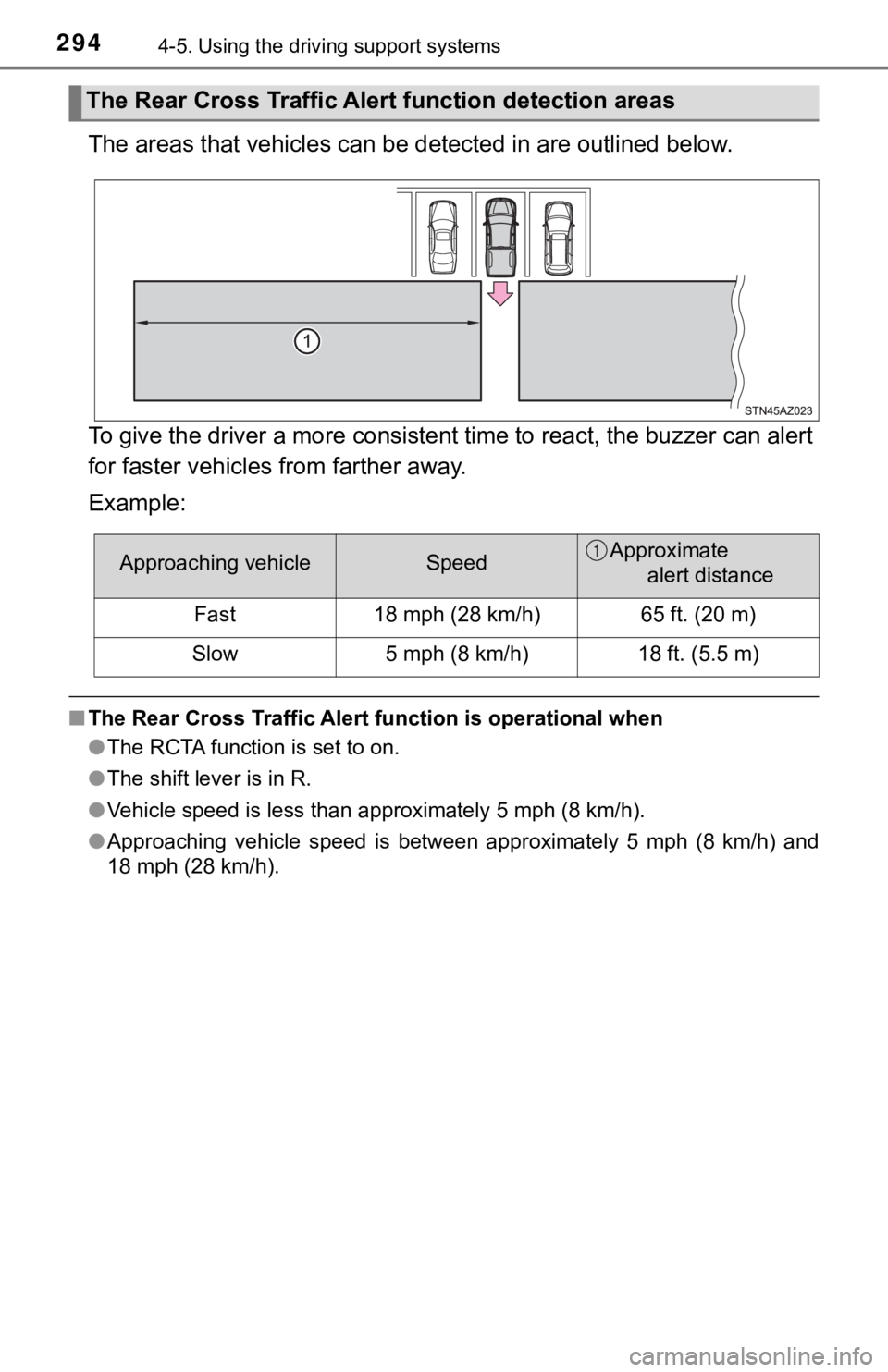TOYOTA TUNDRA 2018  Owners Manual (in English) 2944-5. Using the driving support systems
The areas that vehicles can be  detected in are outlined below.
To give the driver a more consistent time to react, the buzzer  can alert
for faster vehicles 