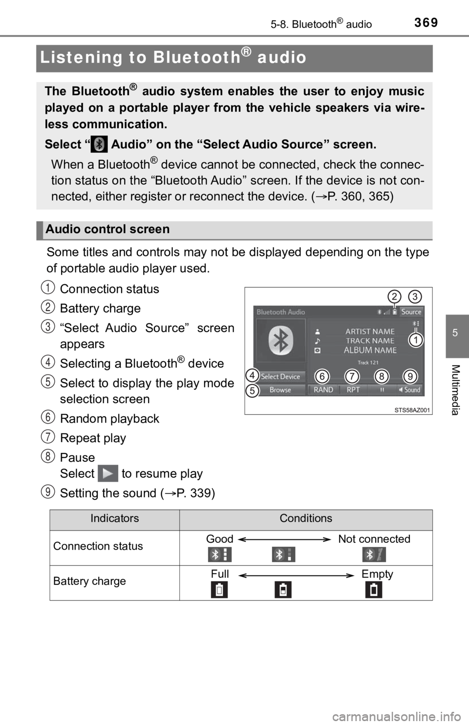 TOYOTA TUNDRA 2018  Owners Manual (in English) 3695-8. Bluetooth® audio
5
Multimedia
Listening to Bluetooth® audio
Some titles and controls may not be displayed depending on the type
of portable audio player used.
Connection status
Battery charg