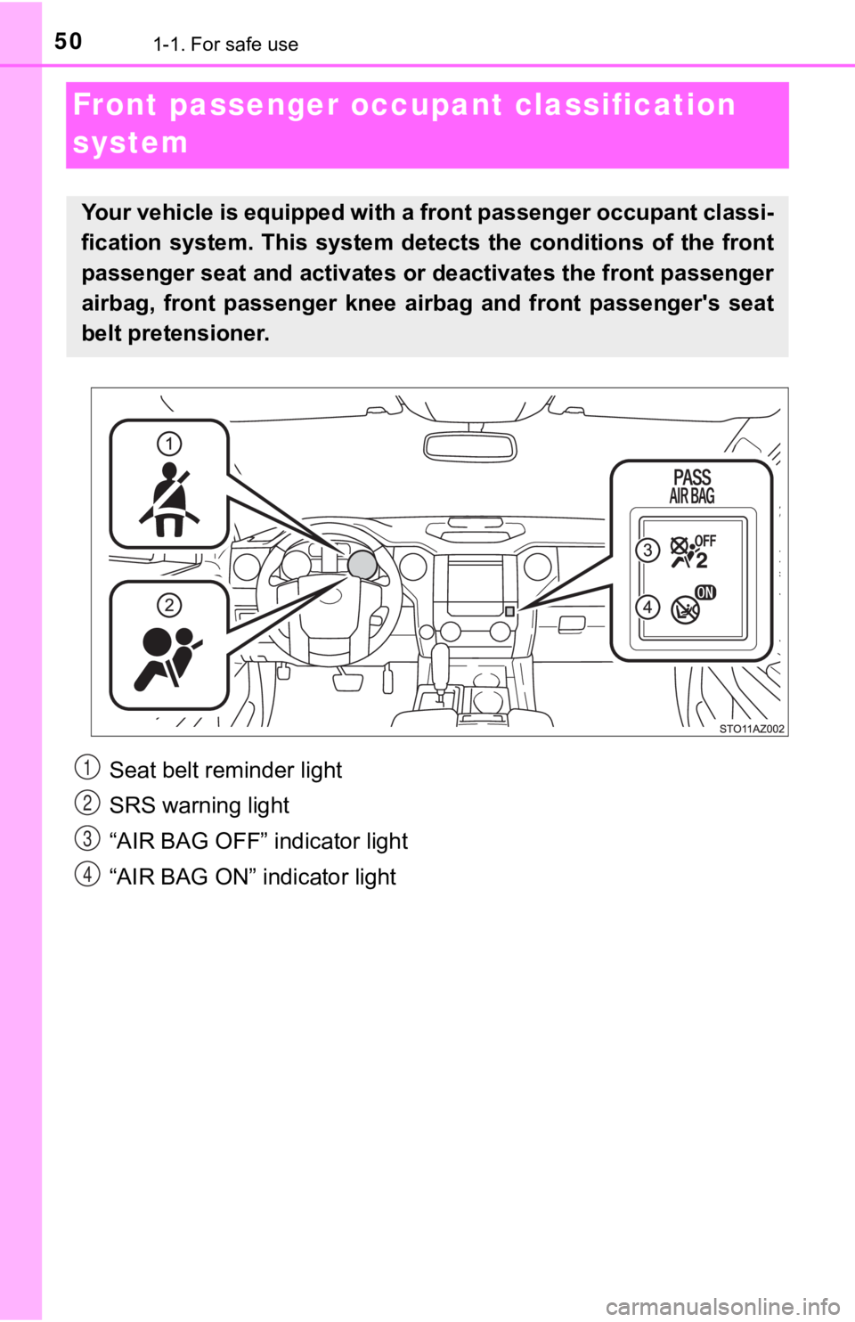 TOYOTA TUNDRA 2018  Owners Manual (in English) 501-1. For safe use
Front passenger occupant classification 
system
Your vehicle is equipped with a front passenger occupant classi -
fication  system.  This  system  det ects  the  conditions  of  th