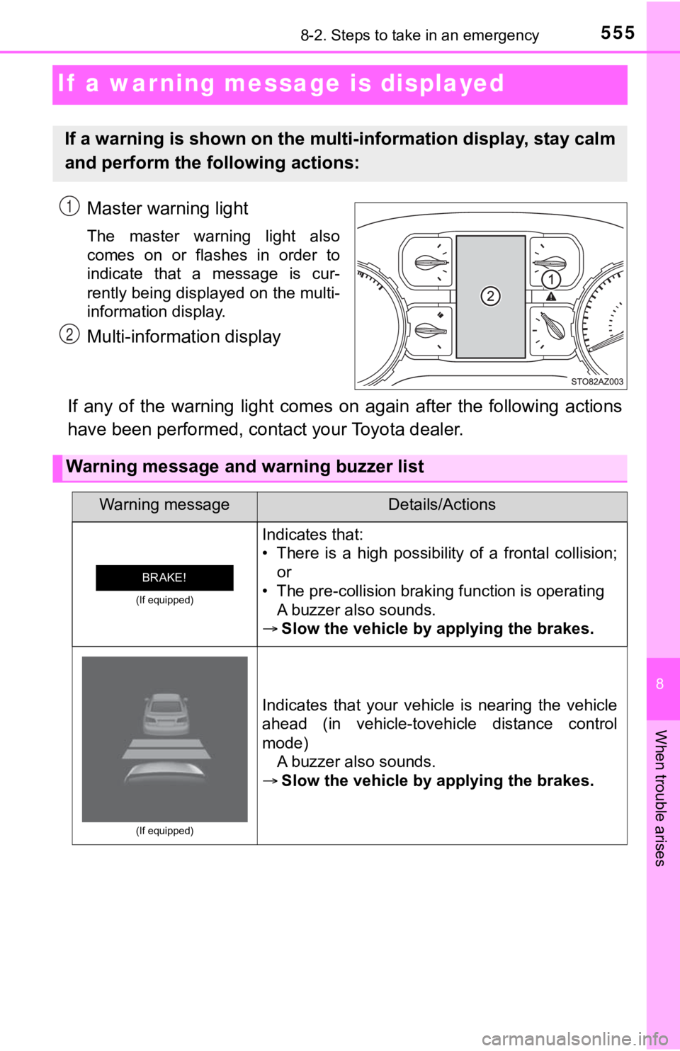 TOYOTA TUNDRA 2018  Owners Manual (in English) 555
8
When trouble arises
8-2. Steps to take in an emergency
If  a warning message is displayed
Master warning light
The  master  warning  light  also
comes  on  or  flashes  in  order  to
indicate  t