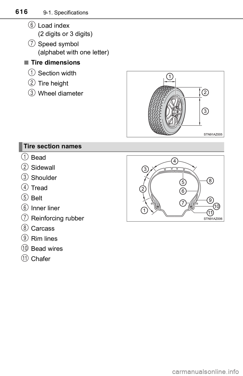TOYOTA TUNDRA 2018  Owners Manual (in English) 6169-1. Specifications
Load index 
(2 digits or 3 digits)
Speed symbol 
(alphabet with one letter)
■Tire dimensions
Section width
Tire height
Wheel diameter
Bead
Sidewall
Shoulder
Tread
Belt
Inner l