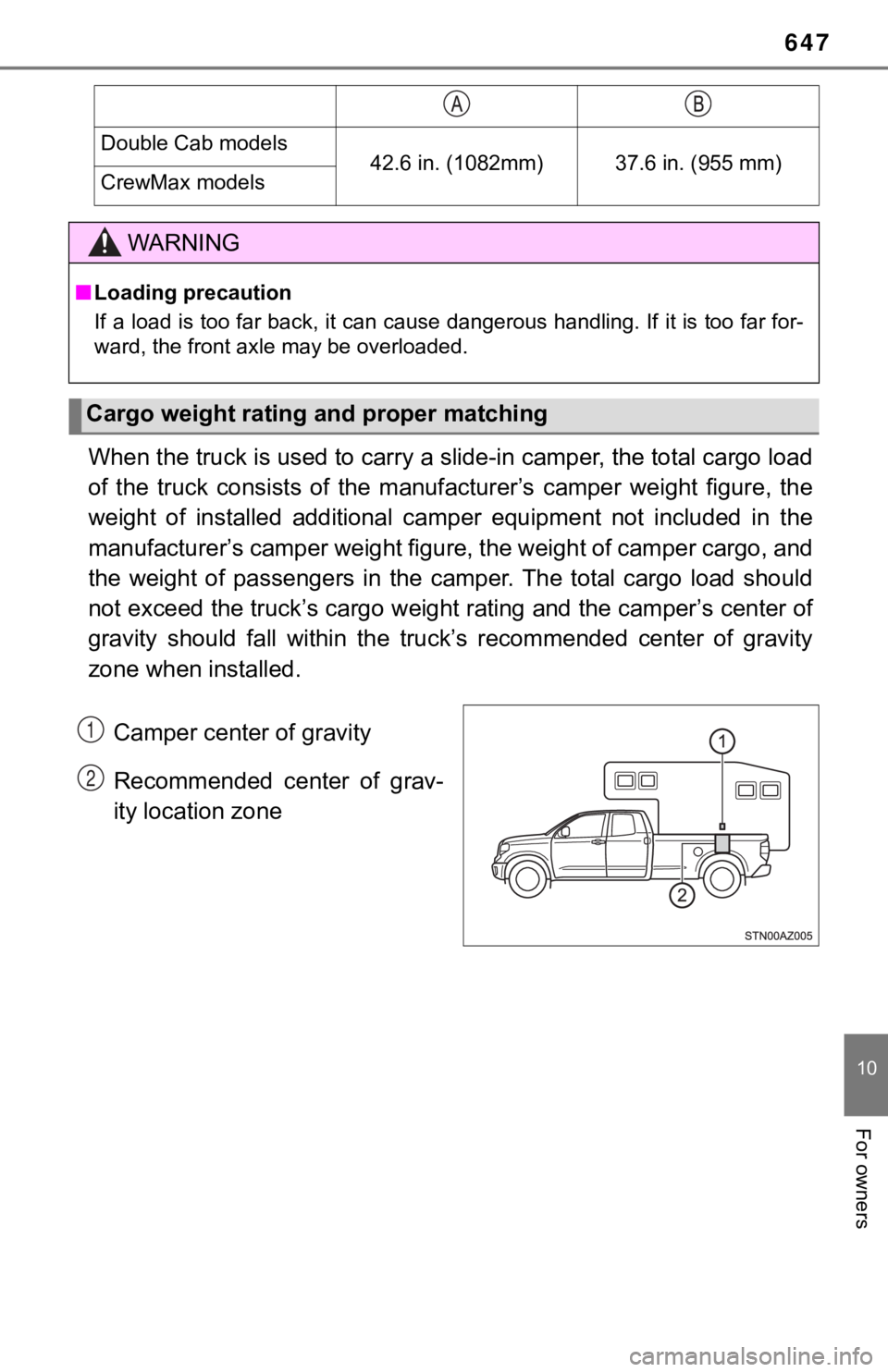 TOYOTA TUNDRA 2018  Owners Manual (in English) 647
10
For owners
When the truck is used to carry a slide-in camper, the total cargo load
of  the  truck  consists  of  the  manu facturer’s  camper  weight  figure,  the
weight  of  installed  addi