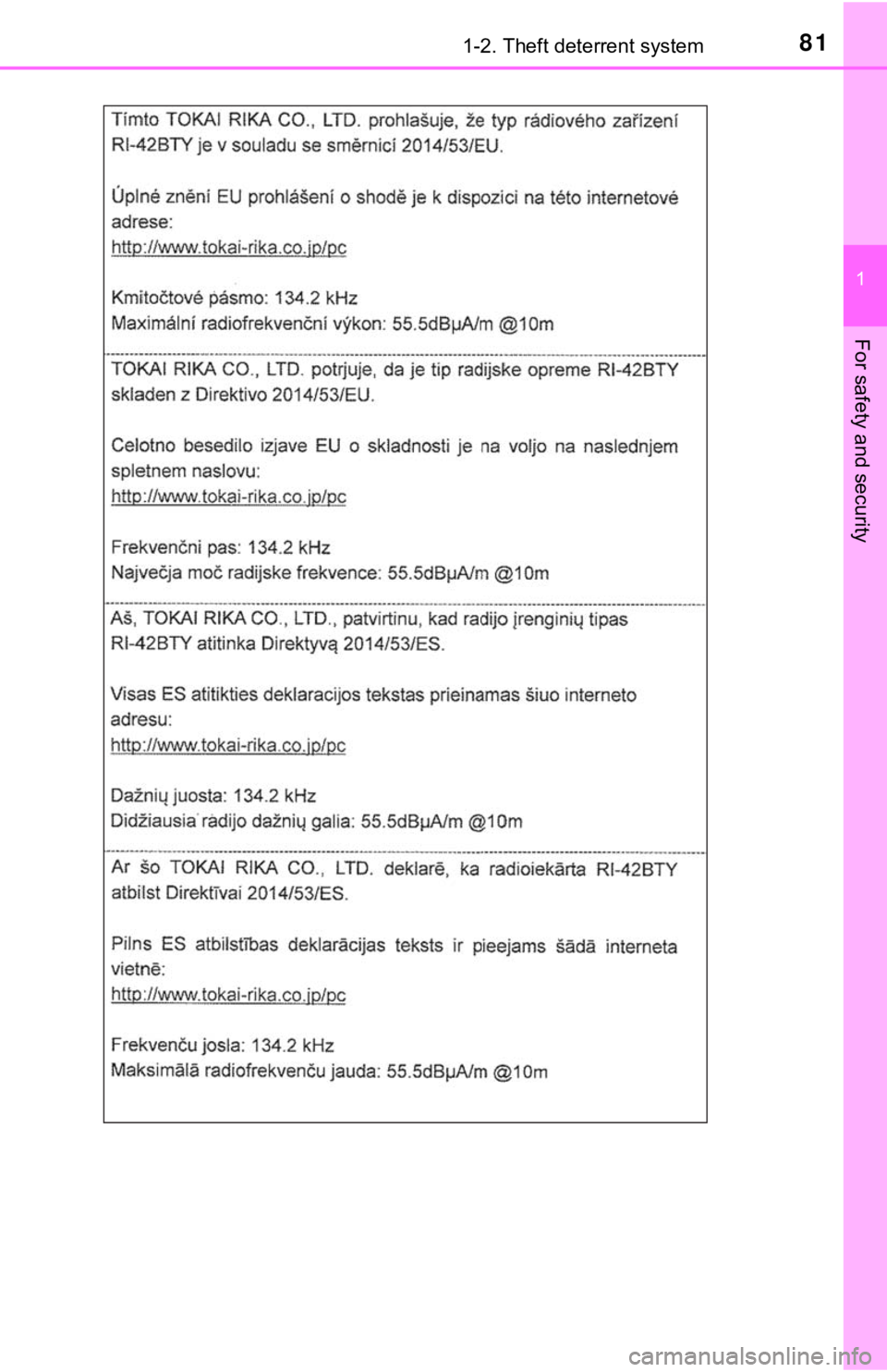 TOYOTA TUNDRA 2018  Owners Manual (in English) 811-2. Theft deterrent system
1
For safety and security 