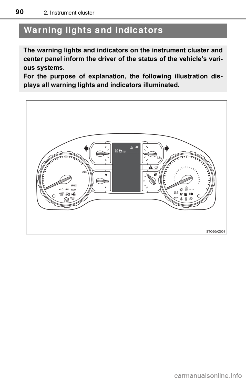 TOYOTA TUNDRA 2018  Owners Manual (in English) 902. Instrument cluster
 Warning lights and indicators
The warning lights and indicators on the instrument cluster and
center panel inform the driver of the status of the vehicle’s vari-
ous systems