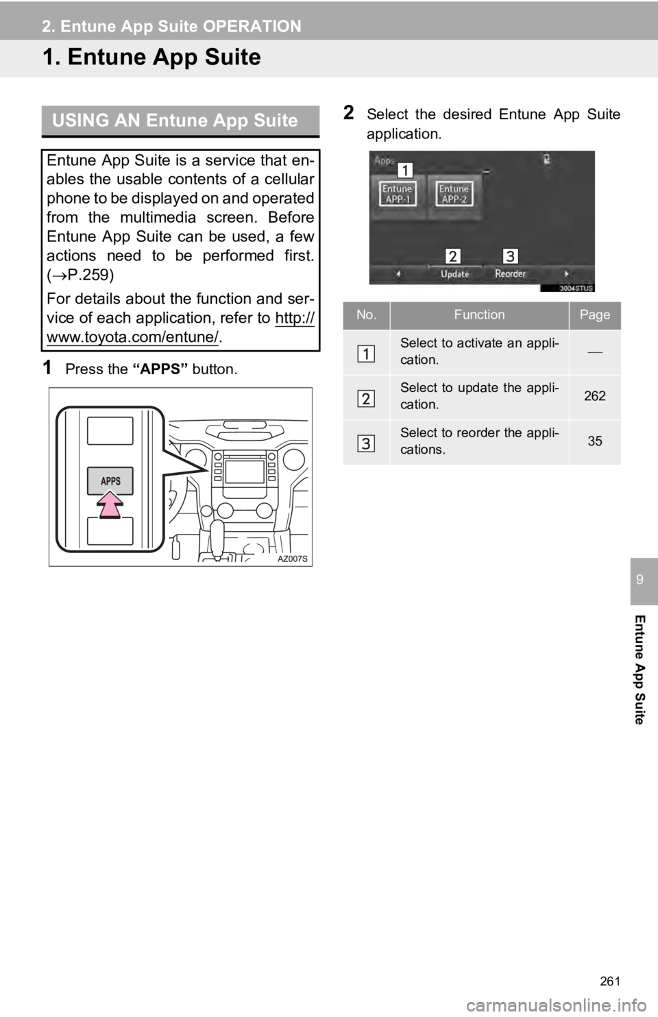 TOYOTA TUNDRA 2019  Accessories, Audio & Navigation (in English) 261
Entune App Suite
9
2. Entune App Suite OPERATION
1. Entune App Suite
USING AN Entune App Suite
1Press the “APPS” button.
2Select  the  desired  Entune  App  Suite  
application.
Entune App Sui