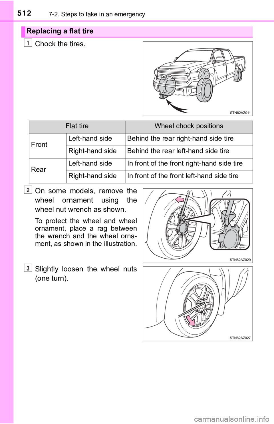 TOYOTA TUNDRA 2021  Owners Manual (in English) 5127-2. Steps to take in an emergency
Chock the tires.
On  some  models,  remove  the
wheel  ornament  using  the
wheel nut wrench as shown.
To  protect  the  wheel  and  wheel
ornament,  place  a  ra