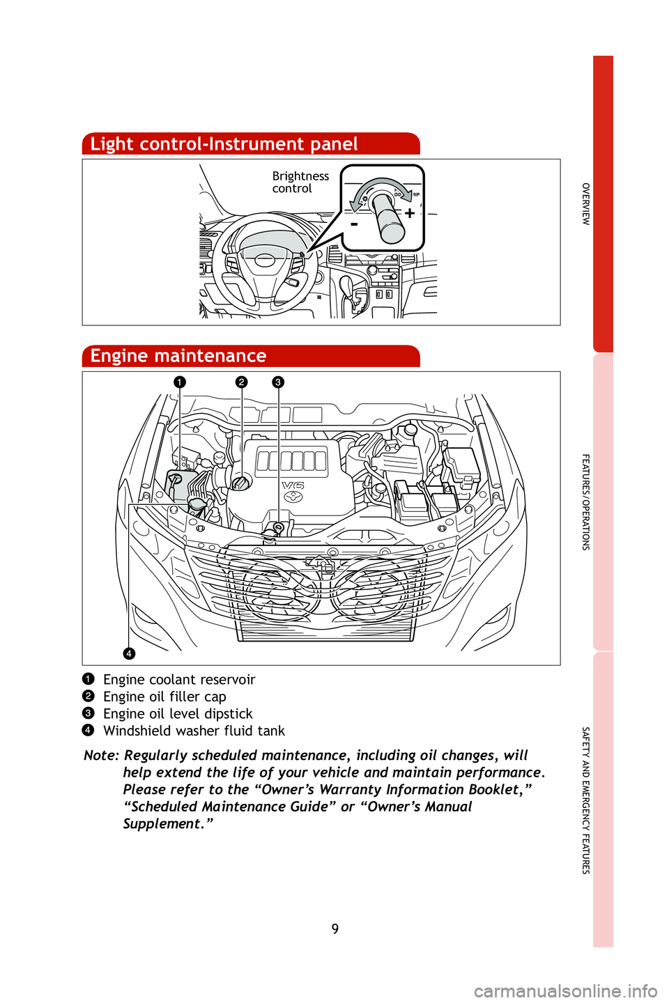 TOYOTA VENZA 2009  Owners Manual (in English) 9
OVERVIEW
FEATURES/OPERATIONS
SAFETY AND EMERGENCY FEATURES
Engine coolant reservoir
Engine oil filler cap
Engine oil level dipstick
Windshield washer fluid tank
Note: Regularly scheduled maintenance